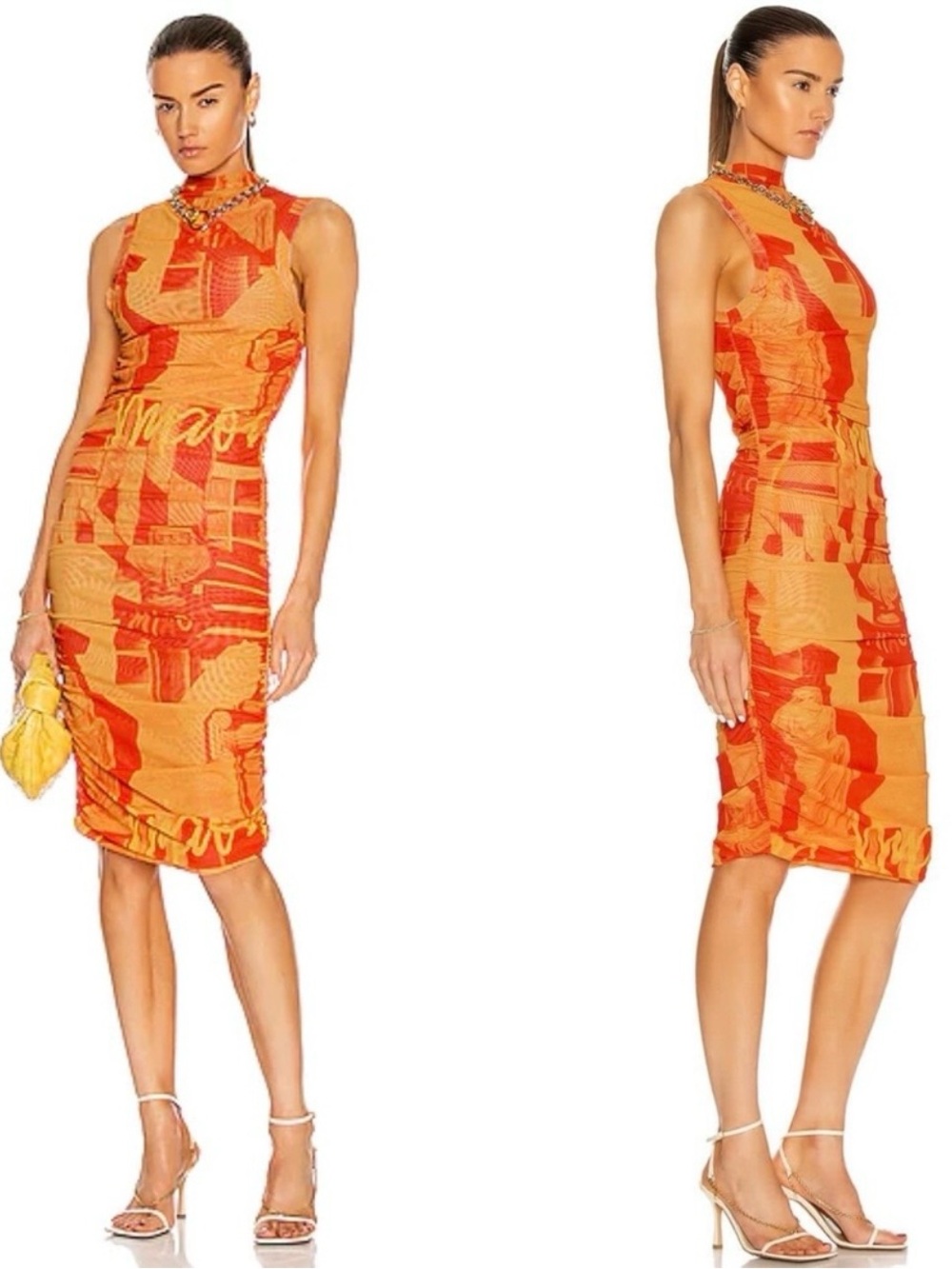 REVOLVE Miaou Orange Sofia Mesh Ruched Midi Dress